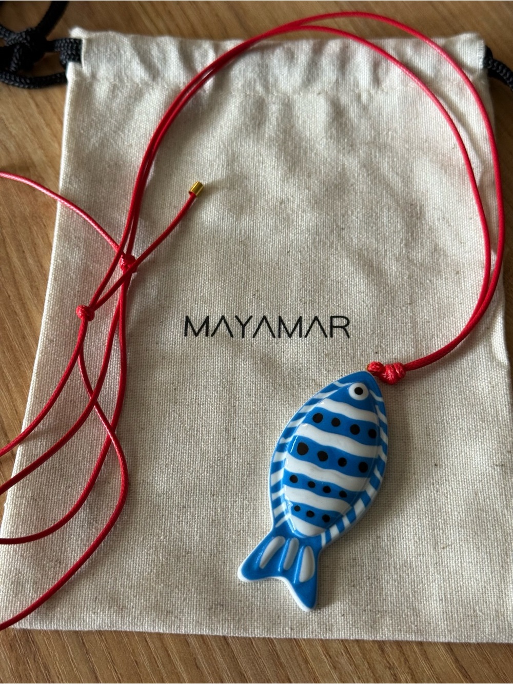 New mayamar Blue Fish Necklace with Red Cord